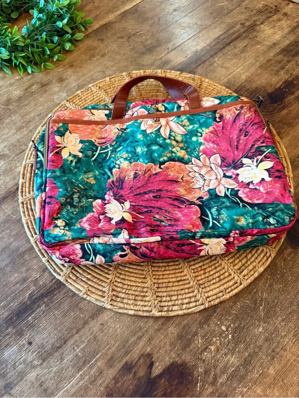 NWOT BAOSHA Floral Computer Briefcase Style Bag with Teal & Pink